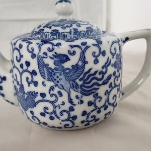 Vintage Blue Phoenix Bird Ceramic Teapot Made In Japan Flying Turkey